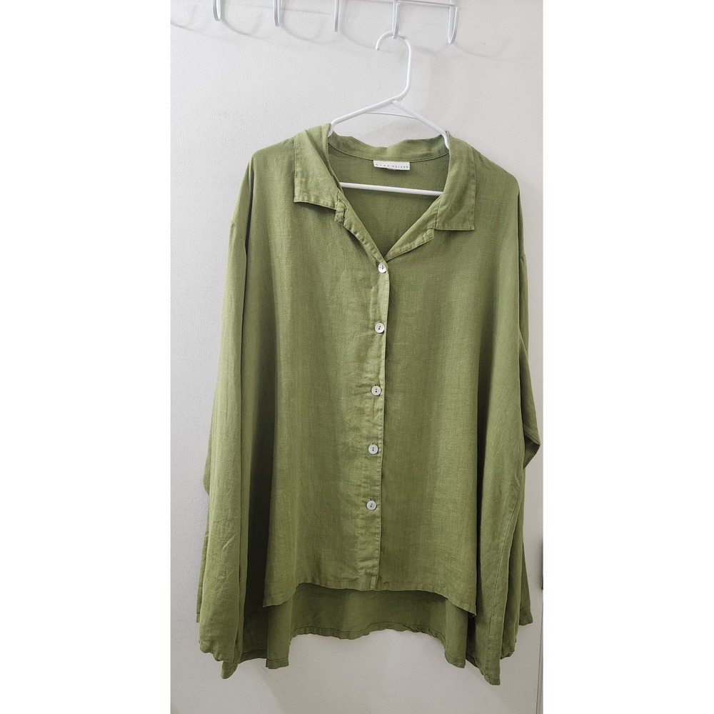 Bryn Walker 100% Linen Button Down Shirt Green High Low Hem Made in USA 1X